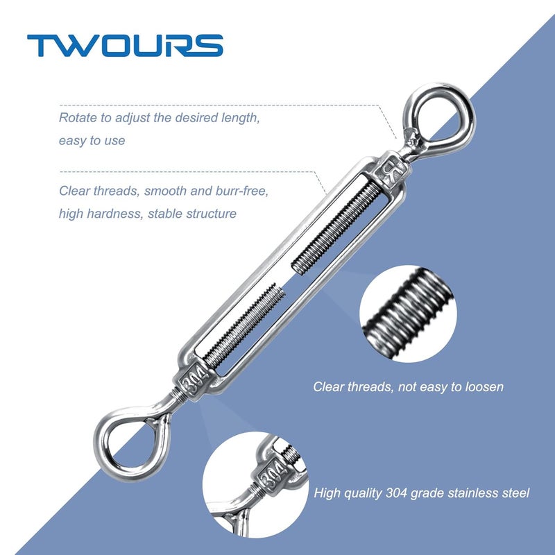 Twours Eye & Eye Turnbuckles 304 Stainless Steel Heavy Duty Turnbuckle Wire Rope Cable Tensioner Adjustable O to O Turnbuckle for Shade Sail (5/16" (M8) - 5PCS) - Image 4